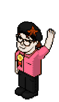 a pixel art drawing of a girl wearing a pink shirt and black pants