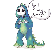 a drawing of a dinosaur with the words " am i scary enough " written above it