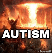 a painting of a man standing in front of a large explosion with the word autism in white letters