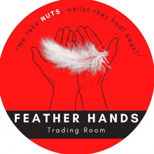 a logo for feather hands trading room shows two hands holding a feather