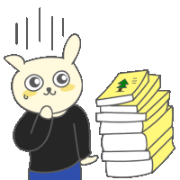 a cartoon rabbit is standing next to a stack of books with a tree on them