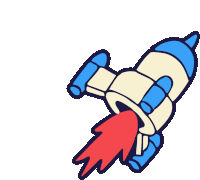 a blue and white rocket with a red tail is flying in the air