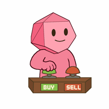 a pink cartoon character is standing in front of a buy and sell box