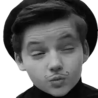 a black and white photo of a young boy with a fake mustache on his face