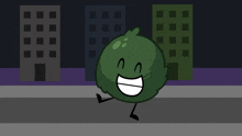 a cartoon drawing of a green ball with a smiling face and arms and legs