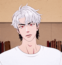 a man with white hair and red eyes is standing in front of a bookshelf