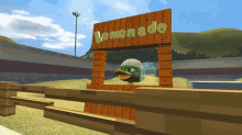 a cartoon duck stands in front of a wooden lemonade stand