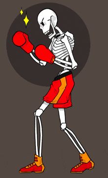 a drawing of a skeleton wearing boxing gloves