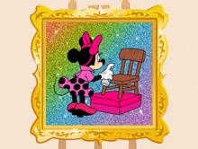 a painting of minnie mouse cleaning a chair with a spray bottle