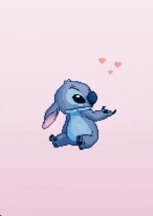 a pixel art of stitch with hearts coming out of his eyes