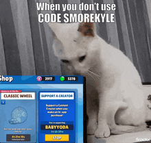 a cat sitting next to a computer screen that says when you don t use code smorekyle