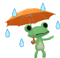 a green frog holding an orange umbrella with rain drops falling on it