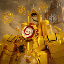 a yellow robot with a clock on top of it and a clock tower behind it