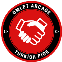 a logo for omlet arcade turkish pide has a handshake in the center