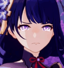 a close up of a purple haired anime girl with purple eyes and a bow in her hair .