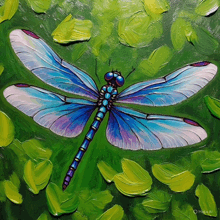 a painting of a blue dragonfly on a green background with the name mesa ai on the bottom