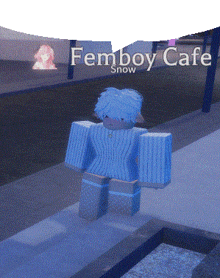 a cartoon character is standing in front of a sign that says femboy cafe