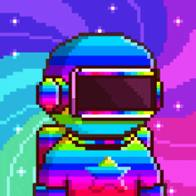 a pixel art of an astronaut with a rainbow helmet on