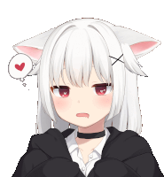 a girl with white hair and cat ears has a thought bubble with a heart in it