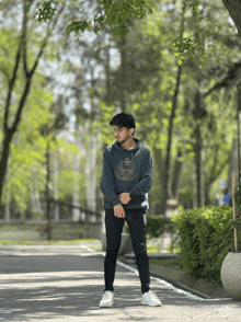 a man wearing a hoodie with a lion on it is standing in a park