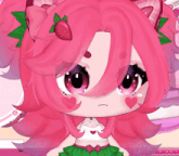 a cartoon girl with pink hair and a strawberry on her head