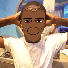 a man in a white shirt with a cartoon face on it