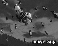 a black and white poster for heavy rain shows a bunch of people falling from the sky