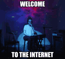 a man singing into a microphone with the words welcome to the internet on the bottom