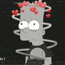 bart simpson with hearts on his head is a sad cartoon character with hearts on his head .