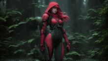 a woman with red hair is holding a gun and wearing a red hood