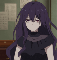a girl with purple hair and red eyes is wearing a black top and black gloves