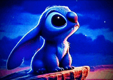 a blue cartoon rabbit is sitting on a rock at night .