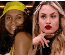 a woman with a yellow scarf on her head and a woman with red lipstick