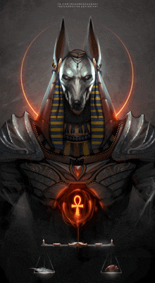 a statue of a wolf with an ankh symbol on his chest