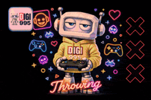 a robot wearing a green digi 999 hoodie holds a video game controller
