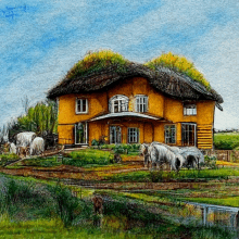 a painting of a yellow thatched house with horses in front of it