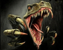 a close up of a dinosaur 's mouth with its tongue out .