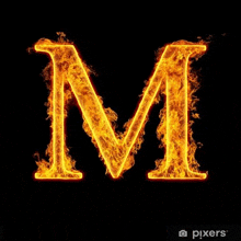 the letter m is made of flames and is on a black background .