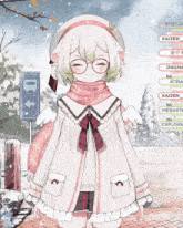 a girl with a scarf around her neck is standing in front of a sign that says 0 + 1