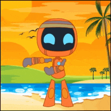 a cartoon robot is standing on a beach with palm trees .