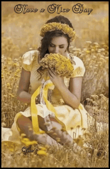 a woman in a yellow dress is smelling a bouquet of yellow flowers with the words have a nice day above her