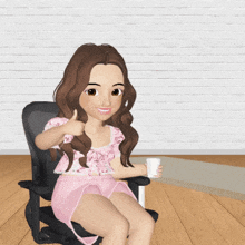 a cartoon girl is giving a thumbs up and holding a cup of coffee