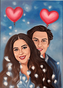 a painting of a man and woman with balloons in the shape of hearts above them