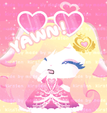 a picture of a cat with hearts and the words yawn on it