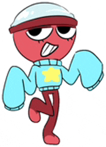 a red cartoon character wearing a blue sweater and a white hat is standing on one leg .