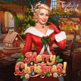 a poster for merry christmas with a woman dressed as santa