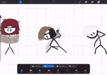 three stick figures are being drawn on a computer screen with a gallery tab at the top