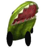 a green watermelon with black wheels and a mouth that looks like a shark 's mouth .