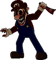 a cartoon of mario holding a bloody knife with red eyes