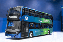 a blue and green double decker bus says enviro400ev on the front